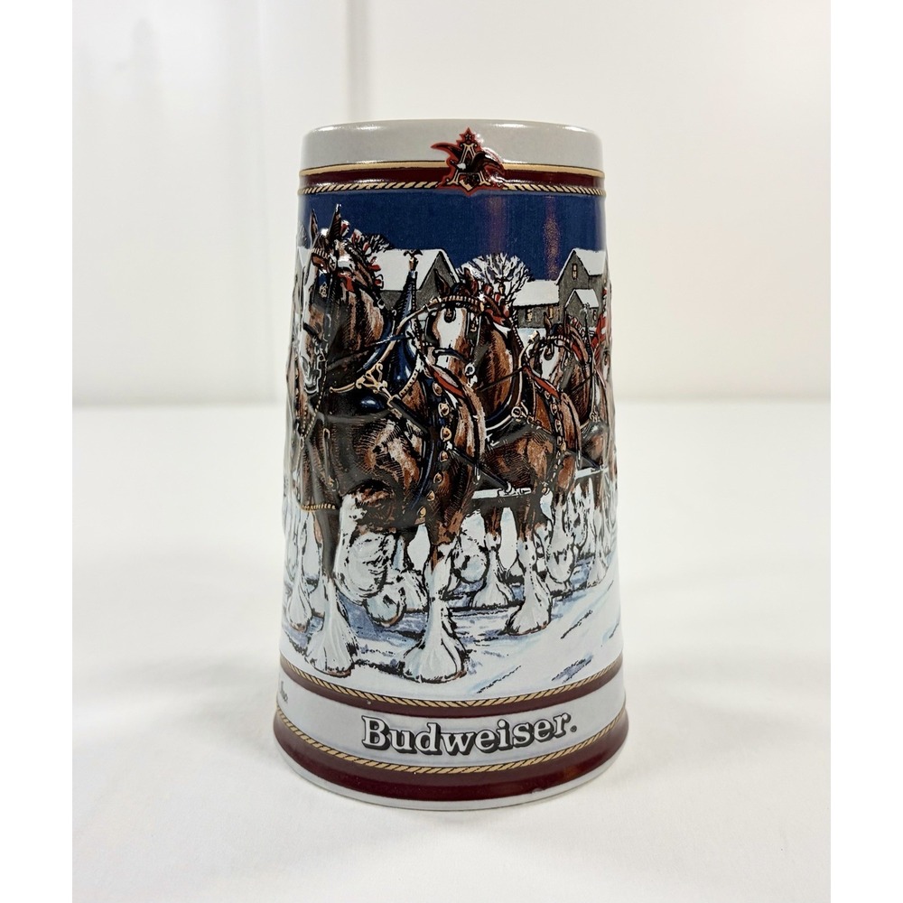 VTG 1989 Budweiser Holiday Beer Stein CS89 Hitch On Winters Evening Ceramarte 7"